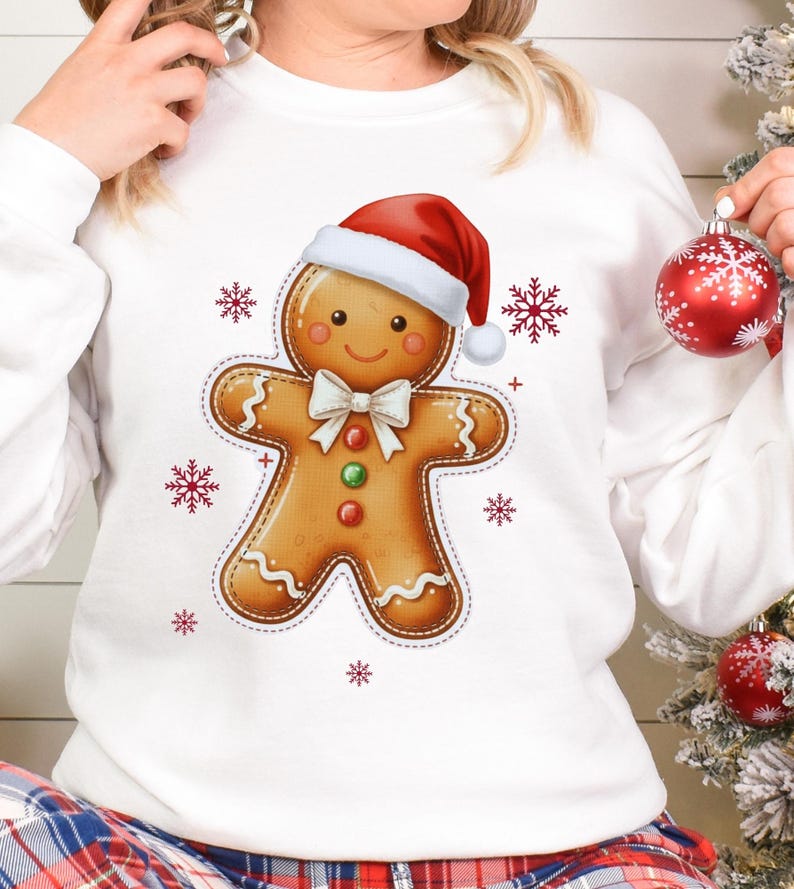 May include: White sweatshirt featuring a gingerbread man wearing a Santa hat and bow tie. The gingerbread man has a smiling face and is decorated with red, green, and orange details. Red snowflakes are scattered around the gingerbread man.