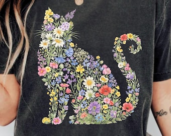 Gato floral PNG, diseño de sublimación de gatito con flores silvestres (descarga digital)