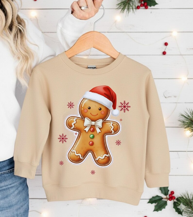 May include: A tan-colored sweatshirt featuring a gingerbread man graphic wearing a Santa hat and bow tie. Red and white snowflakes surround the gingerbread man. The sweatshirt is hanging on a wooden hanger.