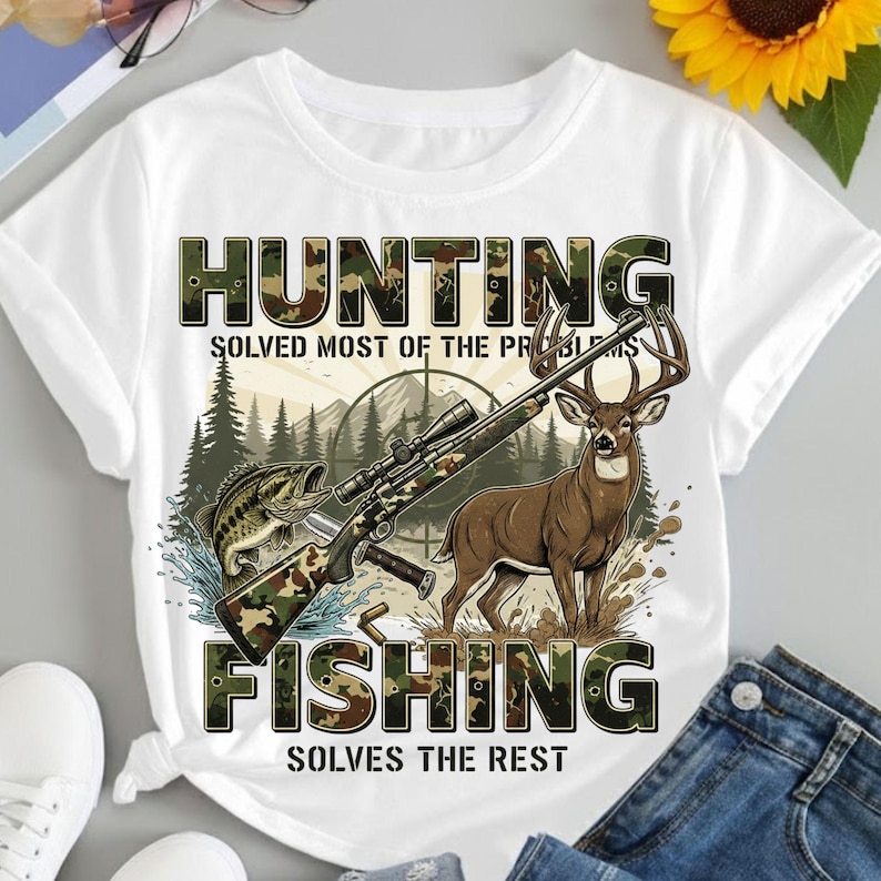 May include: White t-shirt with a hunting and fishing graphic. The design features a rifle, deer, fish, and text that reads "Hunting Solved Most of the Problems" and "Fishing Solves the Rest."