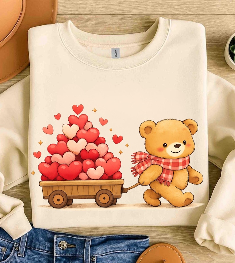 May include: Cream-coloured sweatshirt with a cartoon teddy bear pulling a wooden cart filled with heart-shaped balloons. The bear wears a red and white checked scarf. The cart is filled with red and pink hearts.