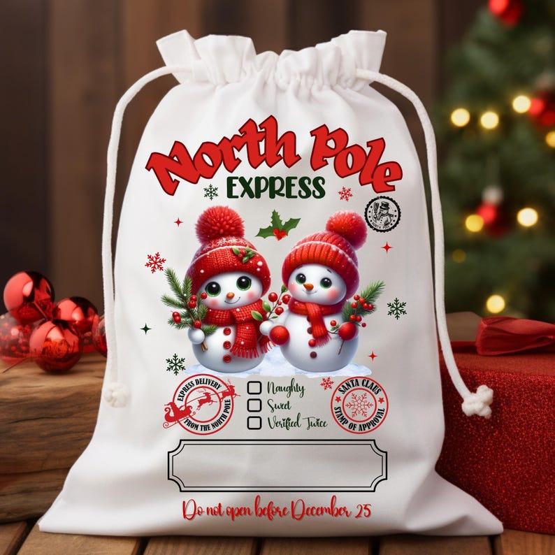 May include: White drawstring Christmas gift bag with "North Pole Express" text and two snowmen wearing red hats and scarves. Includes checkboxes for "Naughty, Sweet, Verified Juice" and a "Do not open before December 25" message.