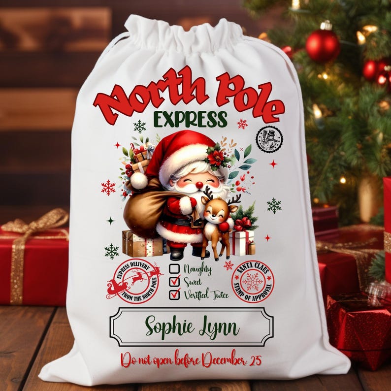 May include: A white drawstring Christmas gift bag with a festive illustration of Santa Claus and a reindeer. The bag features the text "North Pole Express" and "Sophie Lynn". The bag is decorated with snowflakes and gift boxes.