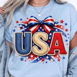USA Patchwork PNG, Coquette Patriotic Bow Shirt Design, 4th of July Png, American Flag Pattern (Digital Download)