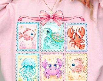 Sellos PNG de animales playeros estilo preppy, ambiente veraniego costero PNG, gráfico de cangrejo, tortuga, caballito de mar, concha y estrella de mar (descarga digital)