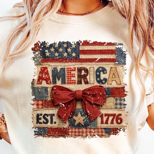 Vintage Patchwork America 1776 PNG, Patriotic Quilt Bow Design, 4th of July Png, Faux Patchwork USA Png (Digital Download)