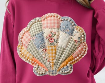 PNG de concha marina con efecto patchwork, PNG de verano, PNG de concha marina, PNG de acolchado con efecto patchwork, PNG de vida marina, PNG de playa (descarga digital)