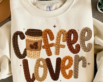 Amante del café a crochet (PNG), texto de sublimación de hilo sintético (descarga digital)