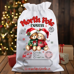 May include: White Christmas gift bag with "North Pole Express" text and two teddy bears wearing Santa hats and sweaters. Includes checkboxes for "Naughty", "Sweet", and "Verified Twice". The bag reads "Do not open before December 25".