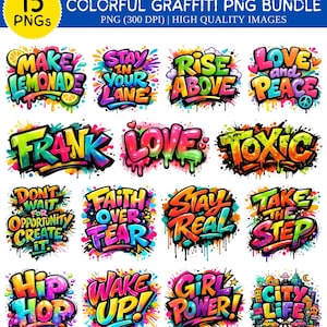 Könnte beinhalten: Ein Set von 15 farbenfrohen Graffiti-PNGs mit Sätzen wie "Make Lemonade" und "City Life". Jedes Design zeigt leuchtende Farben und einen tropfenden Farbeffekt, ideal für digitale Kunstprojekte und hochwertige Bilder.