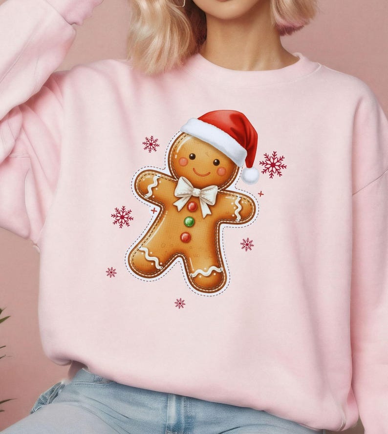 May include: A light pink sweatshirt featuring a gingerbread man graphic wearing a Santa hat and bow tie. The gingerbread man has a smiling face and is surrounded by red snowflakes. A festive holiday-themed sweatshirt.