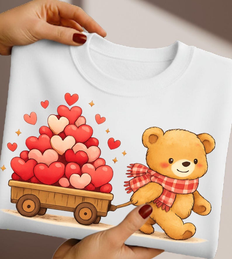 May include: White sweatshirt with a cartoon teddy bear pulling a cart of heart-shaped balloons. The bear wears a red and white plaid scarf. Red, pink, and white hearts and gold stars decorate the design. A lovely gift for Valentine's Day.