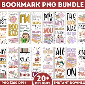Op de afbeelding: Een verzameling van meer dan twintig kleurrijke bladwijzerontwerpen met verschillende thema's en citaten over boeken. De bladwijzers bevatten illustraties van dieren, boeken en tekst zoals "Booked" en "Reading is Cheaper Than Therapy."