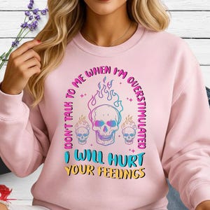 May include: A light pink sweatshirt with a graphic design featuring three skulls and flames. The text reads "DON'T TALK TO ME WHEN I'M OVERSTIMULATED" and "I WILL HURT YOUR FEELINGS" in a colorful, eye-catching font.