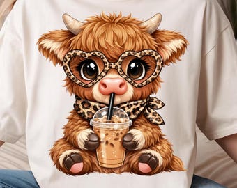 Coffee Addict Highland Cow Png, Cute Highland Cow Sublimation Design, Leopard Print Coquette Bow (Digital Download)
