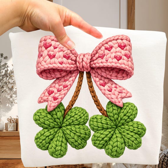 Faux Yarn St Patricks Day PNG, Crochet Knit Lucky Clover Png, Cherry Leopard Print St Patrick's Png, Trendy St Pattys Png, Shamrock Png