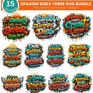Puede incluir: Un paquete de arte digital con 15 versículos bíblicos españoles en estilo graffiti. Cada diseño presenta texto colorido con efectos de pintura goteando, incluyendo frases como "Mi Esperanza" y "Ama como Cristo". El paquete incluye imágenes PNG de alta calidad.