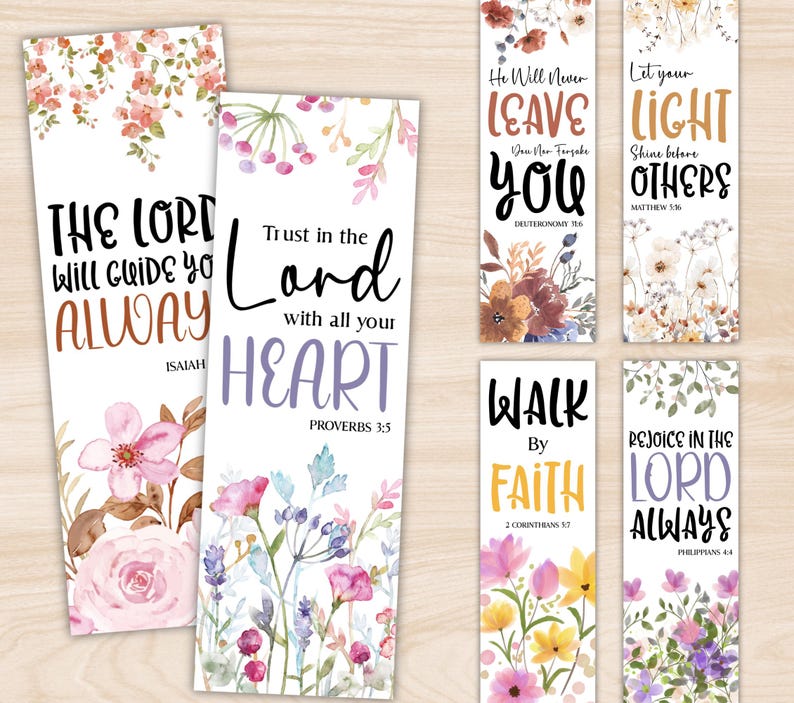 May include: A collection of floral bookmarks with inspirational quotes. The bookmarks feature watercolor flowers in shades of pink, purple, and yellow. Text includes phrases like "The Lord will guide you always" and "Trust in the Lord."