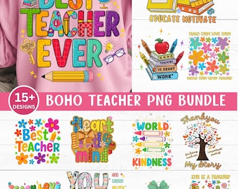 Boho Teacher Png Bundle, Teacher Shirt Sublimation Design, Boho Floral Teacher Png Bundle (Digital Download)
