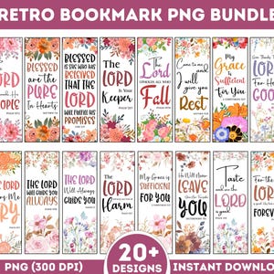 May include: A collection of 20+ retro-style bookmark designs. Each bookmark features floral arrangements and inspirational quotes from the Bible. The bookmarks have a vintage aesthetic with a variety of colors and fonts. The text includes phrases like "The Lord," "Blessed," and "My Grace."