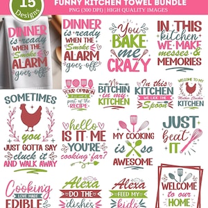 Könnte beinhalten: Ein Paket mit 15 lustigen Küchentuch-Designs. Die Tücher zeigen verschiedene Sätze und Grafiken in Pink, Grün und Rot, wie "Dinner is ready when the smoke alarm goes off" und "You bake me crazy".
