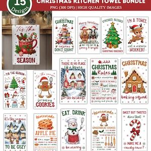 May include: A bundle of 15 Christmas kitchen towels with various festive designs. The towels feature holiday-themed images and text, including gingerbread men, Christmas trees, and candy canes. The towels are high-quality images.