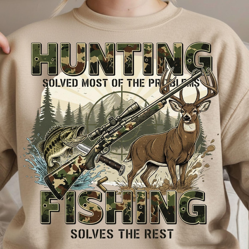 May include: Beige sweatshirt with a graphic featuring a deer, fish, and rifle. The text reads "HUNTING SOLVED MOST OF THE PROBLEMS FISHING SOLVES THE REST" in camouflage lettering. The design includes a mountain and forest backdrop.