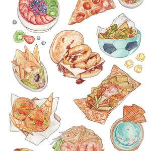 May include: Watercolor illustration of various foods, including a pizza slice, burger with onion rings, nachos in a soccer ball bowl, and a fruit bowl with a "KC BABY" flag. Other items include a hot dog, shrimp, and a dip.