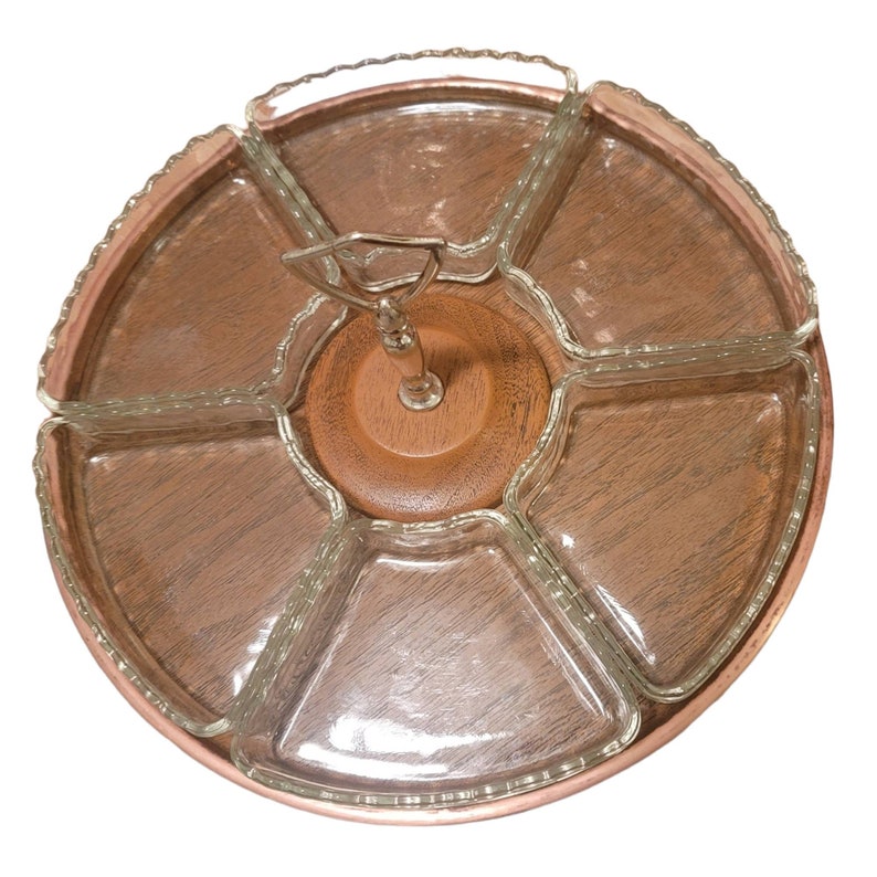 Vintage 70s Lazy Susan Turntable With Glass Inserts Copper Etsy