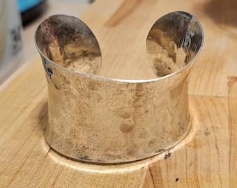 Silverplate Hammered Metal Wide Concave Cuff Bracelet Vintage 70s 80s