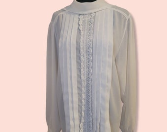 Vintage 80s Yves St. Clair White Embroidered Front Blouse Size 12