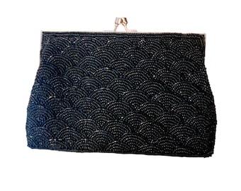 Vintage 60s Walborg Black Beaded Evening Bag Clutch