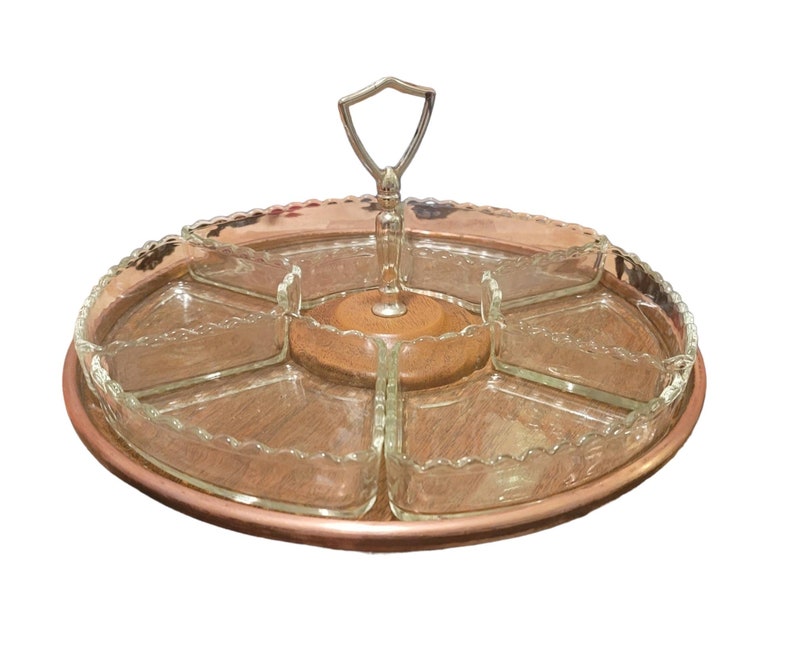 Vintage 70s Lazy Susan Turntable With Glass Inserts Copper Etsy