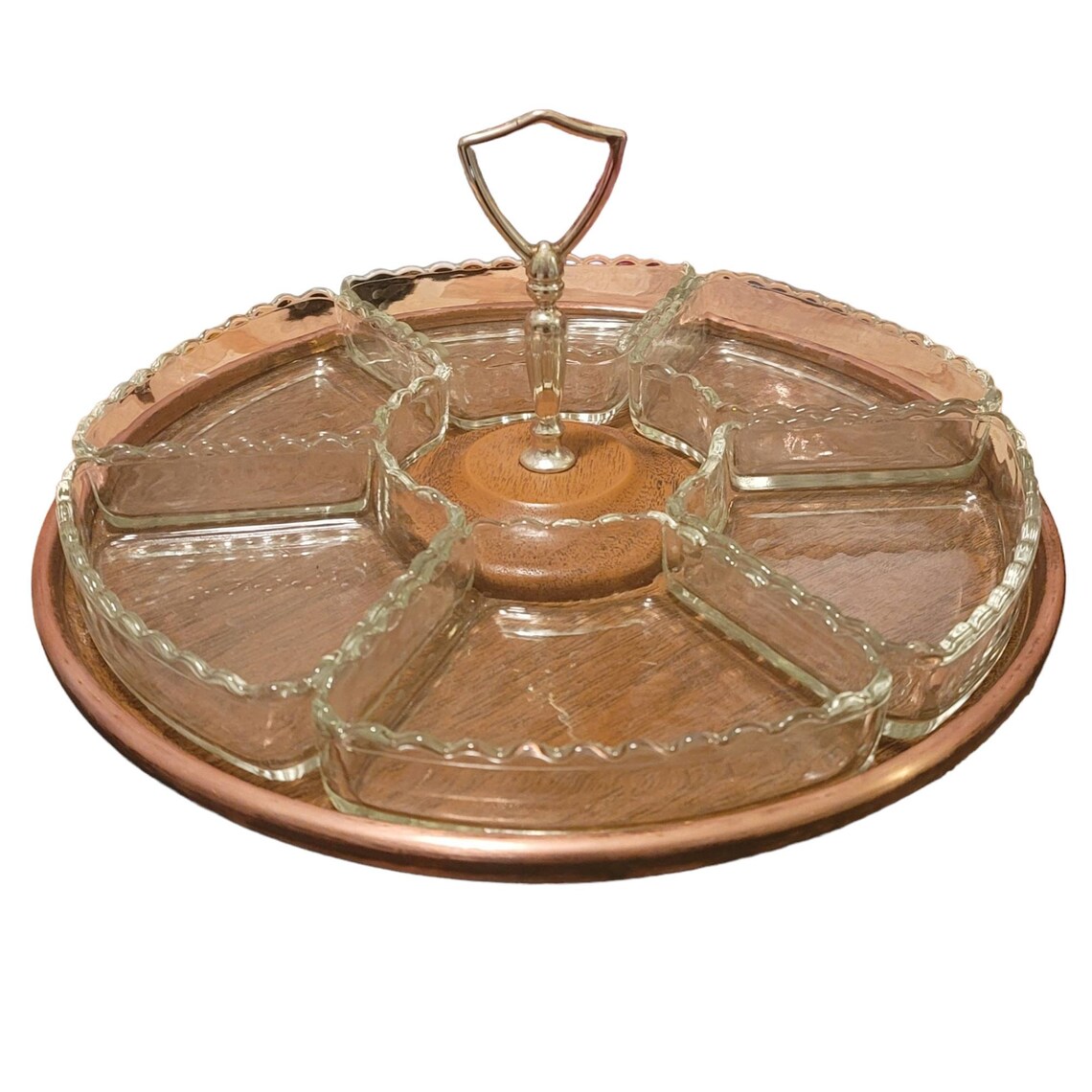 Vintage 70s Lazy Susan Turntable With Glass Inserts Copper Etsy