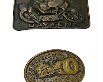 Lot of 2 Vintage 70s Brass Belt Buckles Daytona and Oden