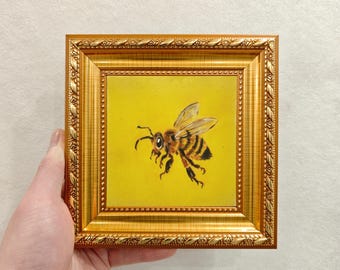 Framed Bee Oil Painting, Miniature Insect Art (6x6 inches)