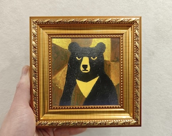 Hand-Painted Bear Portrait Oil Painting, Mini Framed Canvas Modern Animal Art, Whimsical Black Bear Wall Decor