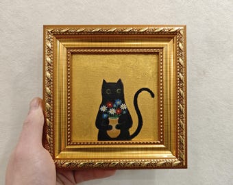 Framed Black Cat Oil Painting with Flowers, Hand-Finished Mini Artwork