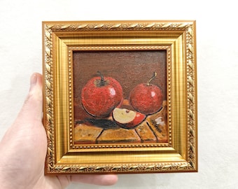 Framed Apple Still Life Oil Painting, Small Kitchen Wall Art