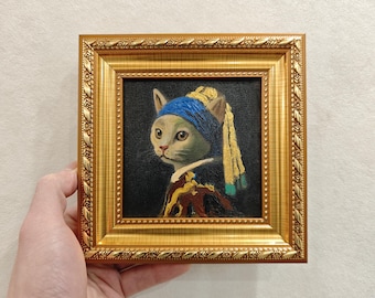 Cat with Pearl Earring Oil Painting Framed Mini Artwork Whimsical Cat Portrait Original Hand Painted Wall Art Gift