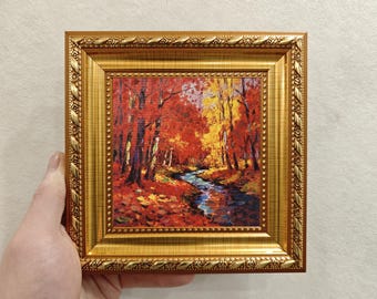 Original Hand-Painted Autumn Forest Oil Painting, Small Framed Fall Landscape Art, 6x6 Canvas, Nature Wall Decor