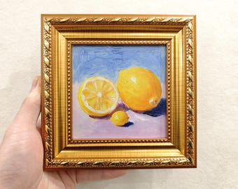 Hand-Painted Lemon Still Life, Original Oil Painting, Framed Canvas Art