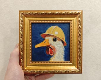 Duck Oil Painting Framed Mini Artwork Funny Animal Portrait Original Hand Painted Small Wall Art