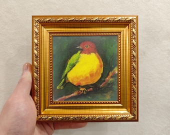 Colorful Bird Oil Painting Framed Mini Artwork Bird Portrait Original Hand Painted Wall Art Gift