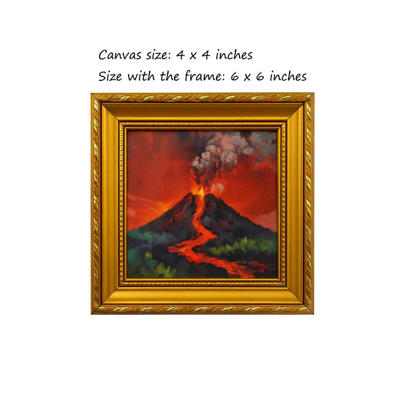 Frame By Frame Volcano Exploding Hand-painted Volcano Oil Painting, Framed Lava Landscape Art, 6x6 ...