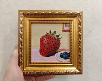 Strawberry Still Life Oil Painting, Framed Fruit Kitchen Wall Art, Small Original Food Artwork, Cottage Dining Room Decor Gift