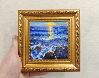 Original Hand-Painted Seascape Oil Artwork, Small Framed Ocean Painting, 6x6 Inch Canvas, Coastal Wall Art, One of a Kind Art