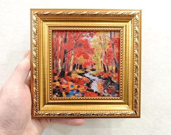 Hand-Painted Autumn Forest Oil Painting, Small Gold Framed Canvas Art