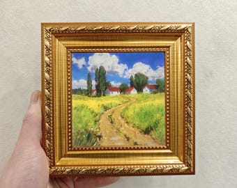 Hand-Painted Countryside Oil Painting, Small Framed Canvas Art, 6x6