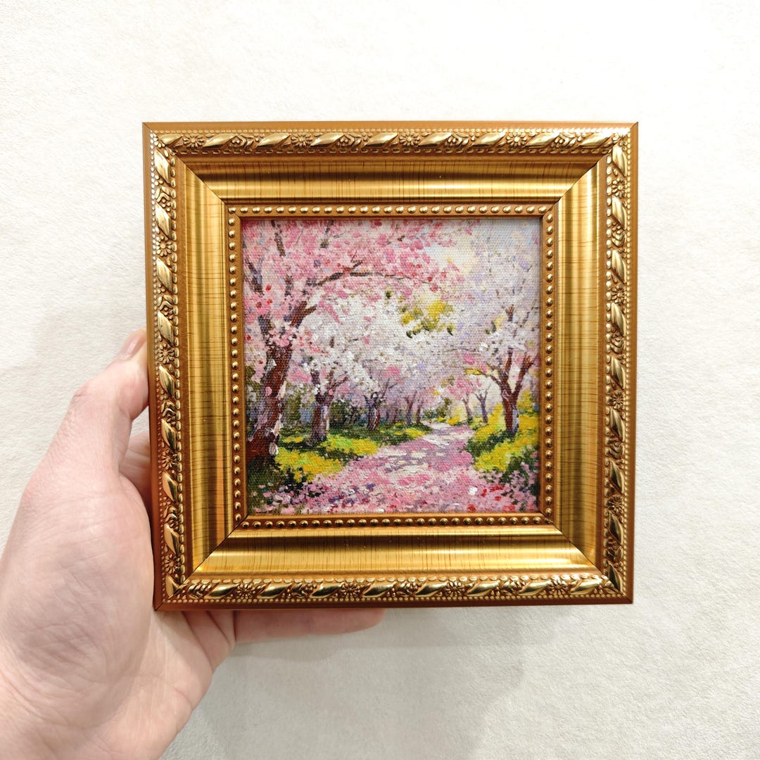 Hand-painted Cherry Blossom Oil Painting, Small Framed Floral Canvas ...